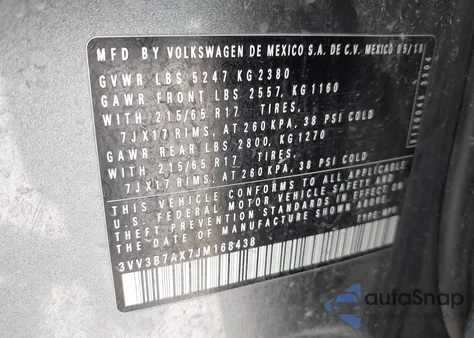 2018 Volkswagen Tiguan 2.0T Se/2.0T Sel z USA, uszkodzony, nr VIN 3VV3B7AX7JM168438